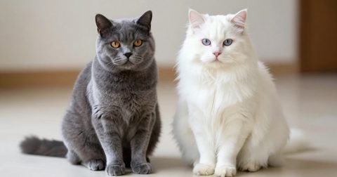 Mèo lông ngắn và mèo lông dài ngồi cạnh nhau