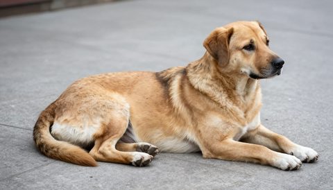 Healthy dog lying relaxed on a doorstep