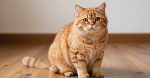 Mèo mướp cam mũm mĩm ngồi trên sàn gỗ