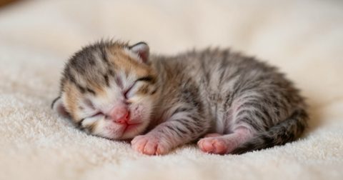 Newborn kitten sleeping on a soft blanket