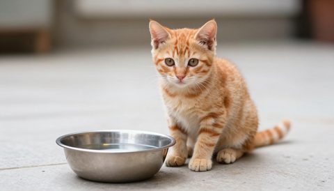 Orange kitten sitting beside a water bowl