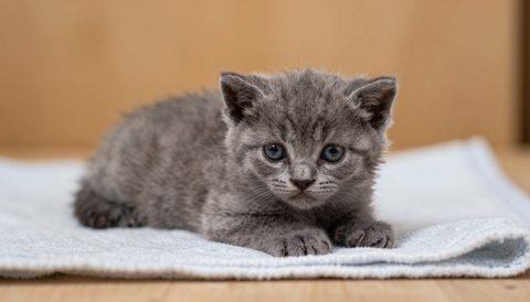 Young kitten lying on its belly on a towel