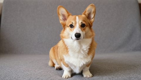 Corgi sitting on a rug