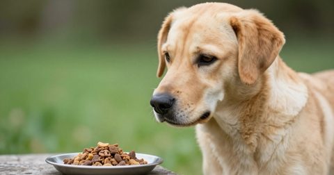 Chú chó bên bát thức ăn ngoài trời