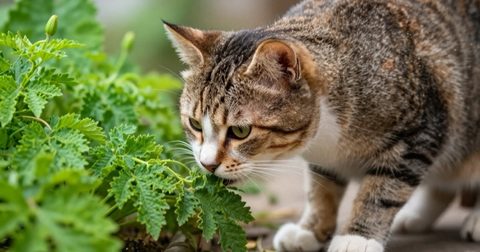 Mèo ngửi chậu cây trong nhà