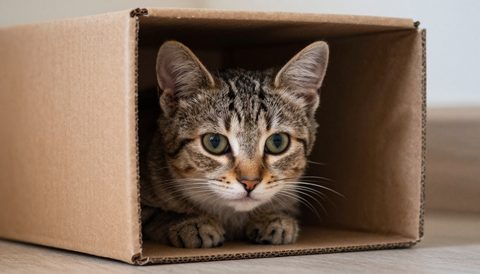 Kitten hiding in a cardboard box