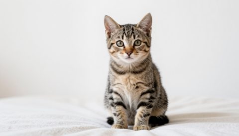 Mèo con mướp ngồi trên chăn