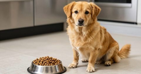 Chú chó bên bát thức ăn hạt