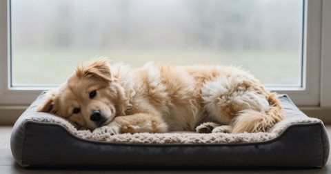 Dog lying on a raised bed by a window on a humid day