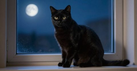 Black cat sitting by a window at night