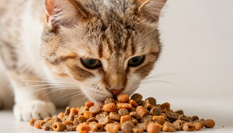 Mèo ăn hạt rải trên sàn