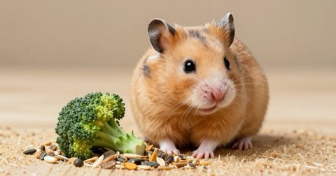Hamster ngồi cạnh hạt và bông cải xanh