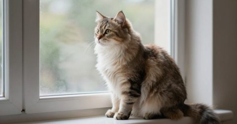 Mèo nuôi trong nhà ngồi bên cửa sổ
