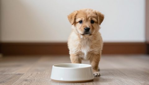 Small puppy standing beside a shallow food bowl