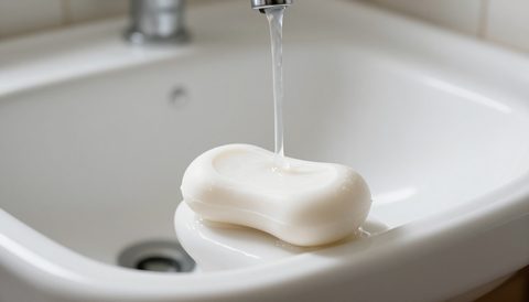 Bánh xà phòng bên bồn rửa tay