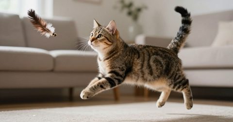Tabby cat leaping at a feather wand toy