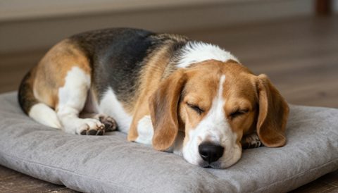 Beagle sleeping on a cushion