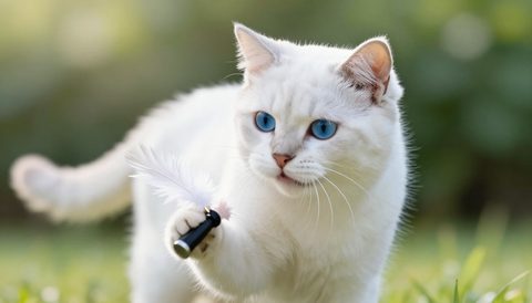 Mèo trắng mắt xanh vờn đồ chơi lông vũ, nắng sớm