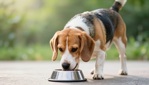 Chó beagle ăn trong bát, nắng sớm