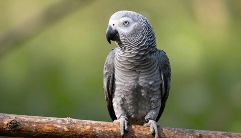 African grey parrot perched on a branch, morning light