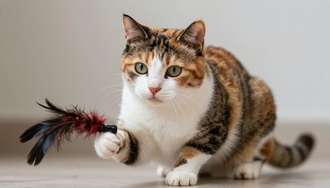 Mèo tam thể vờn đồ chơi lông vũ