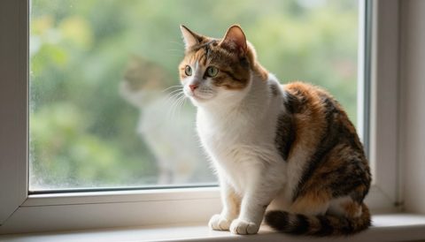 Calico cat sitting by the window, morning light