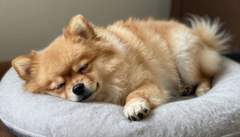 Pomeranian sleeping on a cushion