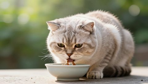 Mèo tai cụp ăn trong bát, nắng sớm
