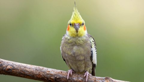 Cockatiel perched on a branch, morning light