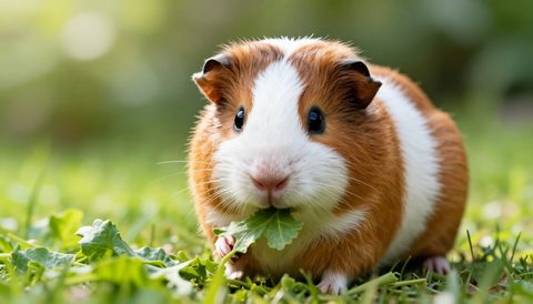 Guinea pig eating fresh greens, morning light