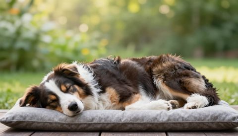 Border collie sleeping on a cushion, morning light