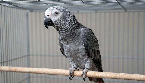 African grey parrot in a large cage