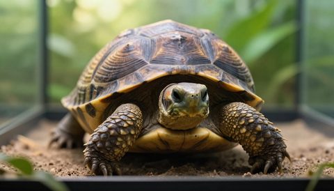 Tortoise basking under a lamp, morning light