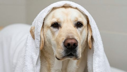 Chó labrador quấn khăn sau khi tắm