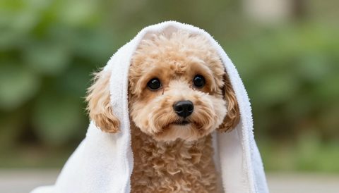 Chó poodle quấn khăn sau khi tắm, nắng sớm