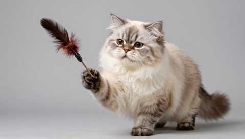 Persian cat playing with a feather toy