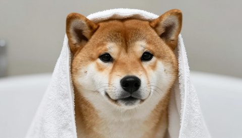 Chó shiba inu quấn khăn sau khi tắm