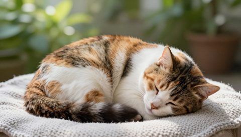 Calico cat curled up asleep, morning light