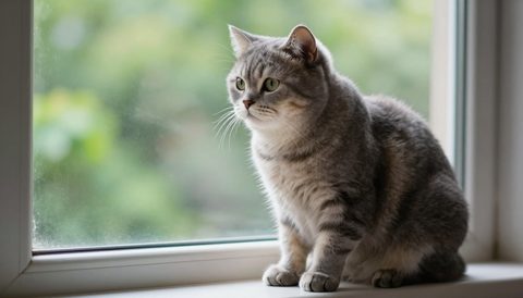 Mèo mướp xám ngồi bên cửa sổ, nắng sớm