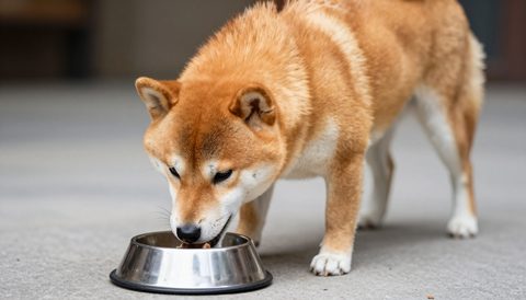 Shiba inu eating from a bowl