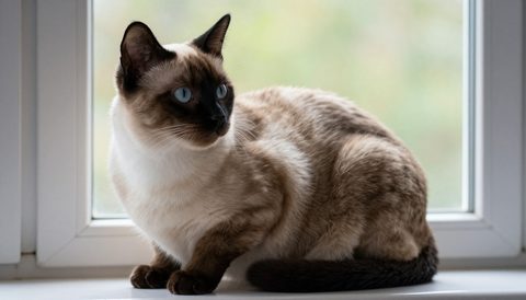 Siamese cat sitting by the window