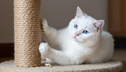 Mèo trắng mắt xanh cào trụ cào móng