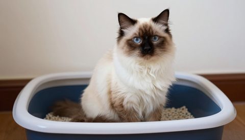 Ragdoll cat next to a litter box
