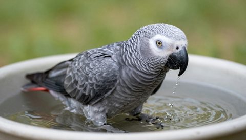 African grey parrot bathing