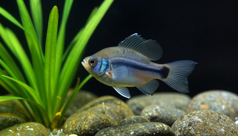 Angelfish among aquatic plants, dark background