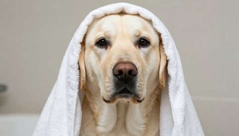 Chó labrador quấn khăn sau khi tắm