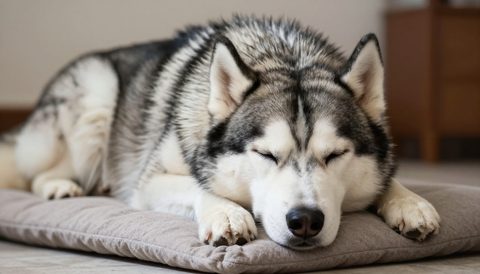 Siberian husky sleeping on a cushion