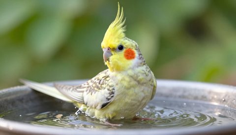 Cockatiel bathing, morning light