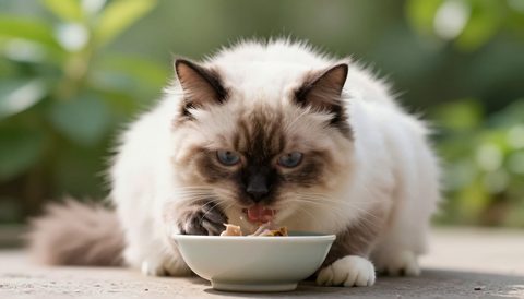 Ragdoll cat eating from a bowl, morning light