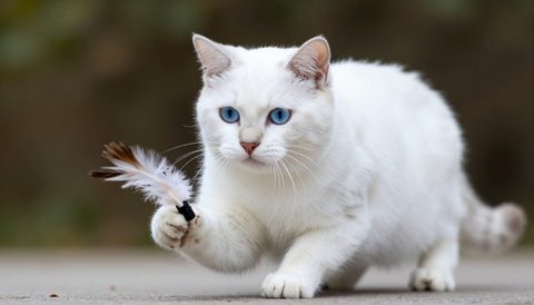 White cat playing with a feather toy